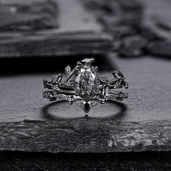 Natural Black Rutilated Quartz Ring Sets for Women - Picture 6 of 10